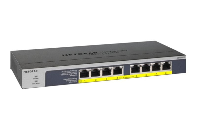 NETGEAR GS108PP PoE Switch 8 Port Gigabit Ethernet LAN Switch mit 8x PoE+ 123W (Plug-and-Play Netzwerk Switch PoE, lüfterlos, Rack-Montage möglich) GS108PP-100EUS