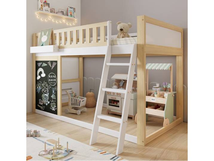 Lit mezzanine enfant avec tableau à dessiner et rangement - ELVMI - blanc naturel 90 x 200 cm