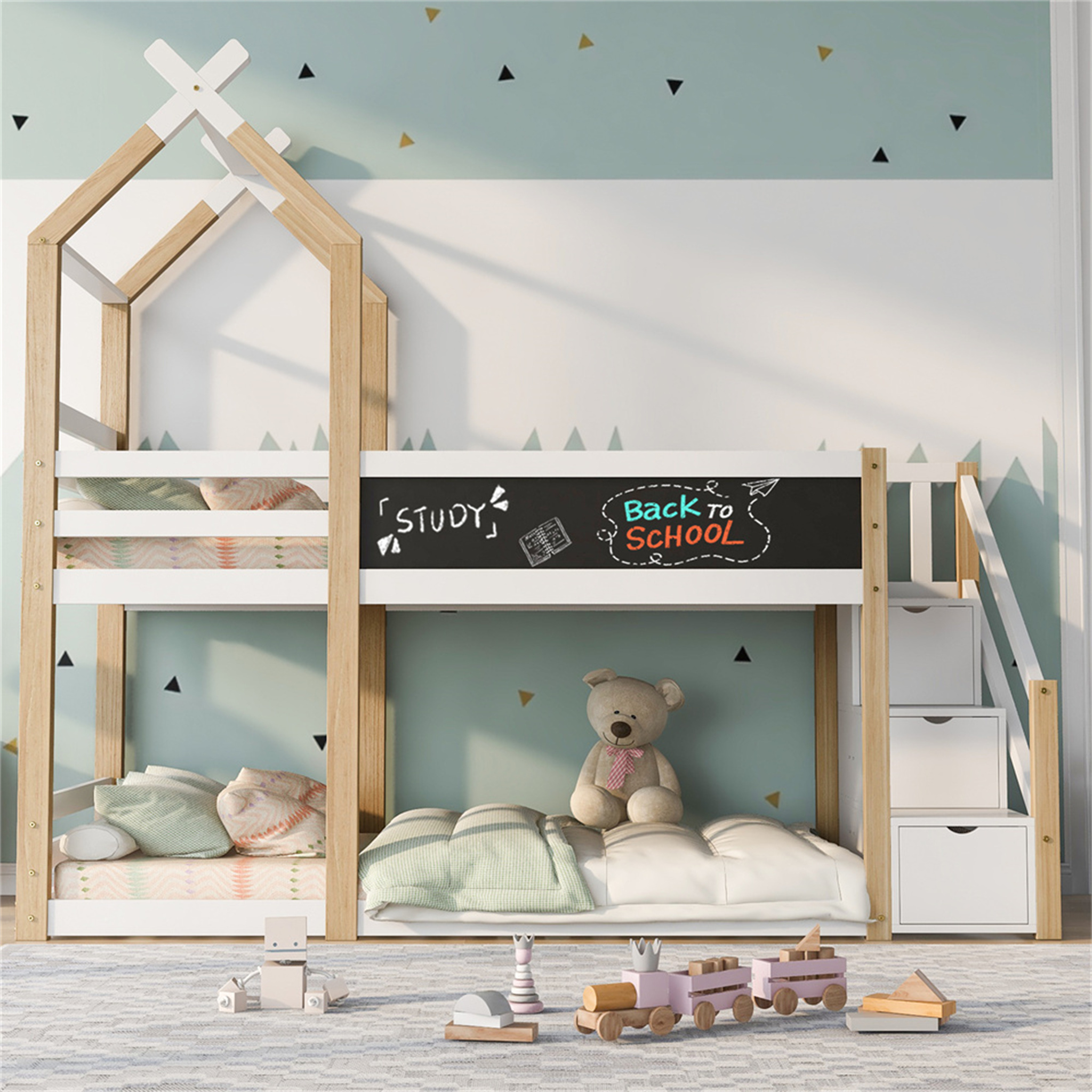 Jugendbett Kinderbett Baumhaus inkl.Tafel Bett mit Speicherung und Rausfallschutz 90 x 200 cm, Hochbett für Kinder- 2x Lattenrost
