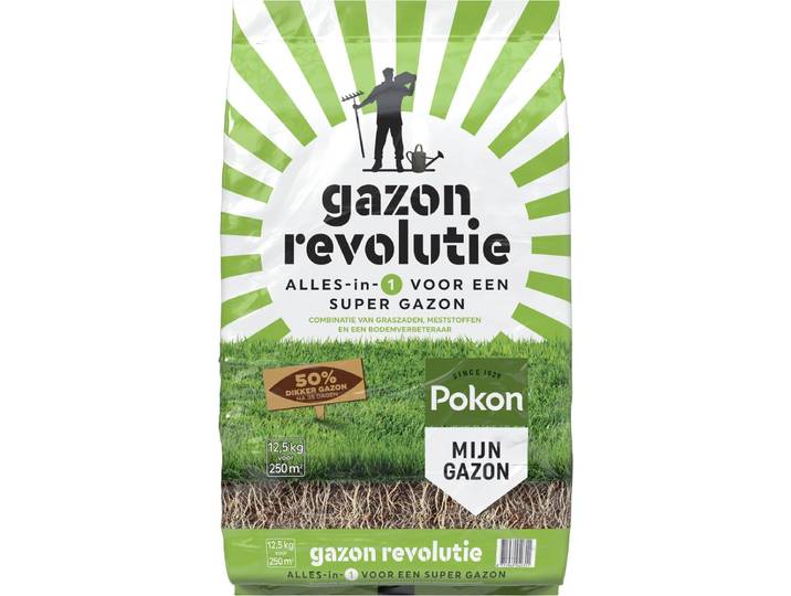 Pokon Gazon Revolutie 12\,5kg - Gazonmest - Graszaad - Bodemverbeteraar - Voor 250m² - Resultaat Binnen 15 Dagen