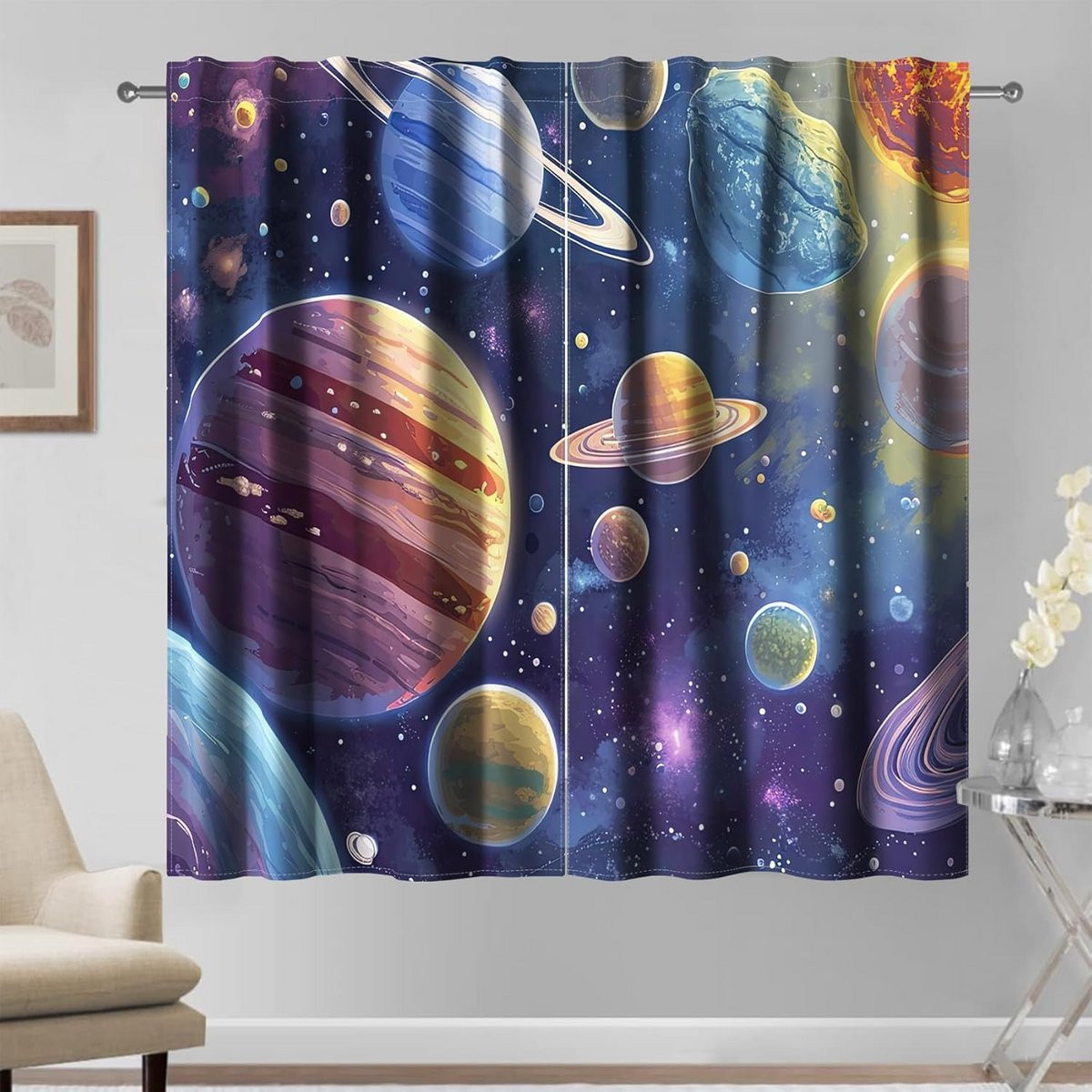 Set van 2 verduisterende gordijnen met zonnestelsel planeten en sterren decoratie voor de kinderkamer