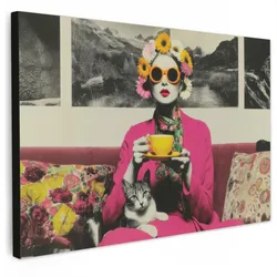 LEINWANDBILD Frau - Katze - Blumen - Tasse - Retro Gemälde 60x40 cm