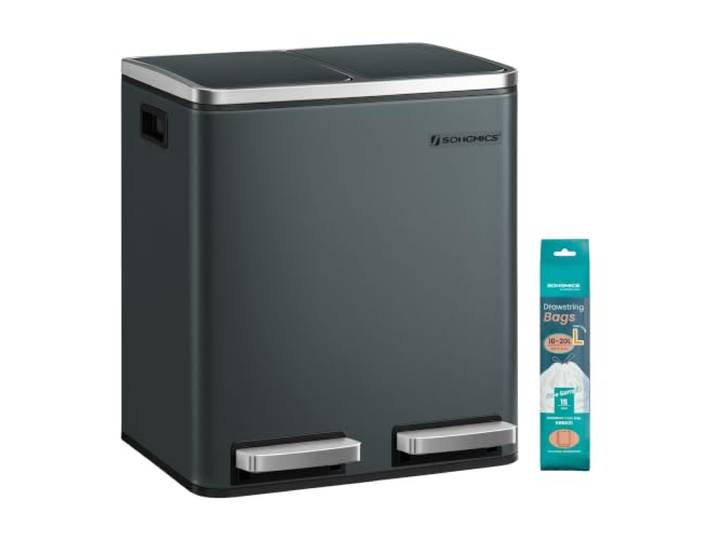 SONGMICS Poubelle Cuisine\, avec Pédale\, 2 Compartiments\, 2 x 30 L Poubelle Tri\, Seaux Intérieurs\, Couvercles en Douceur\, en Acier\, Gris et Noir\, Collection Island LTB202G01