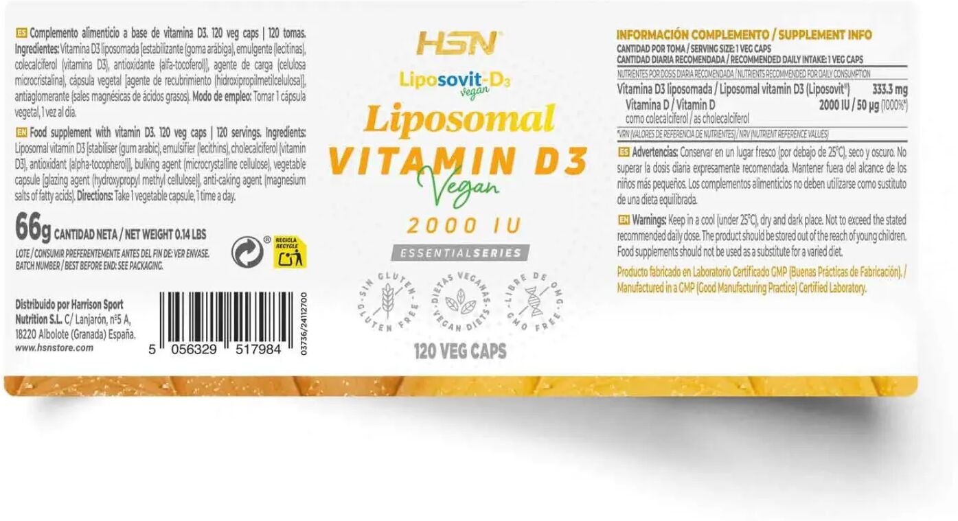 HSN Vitamina D3 liposomada vegana (Liposovit®) 2000UI - 120 veg caps - Huesos y articulaciones - Cápsulas Vegetales - 120  Servicios