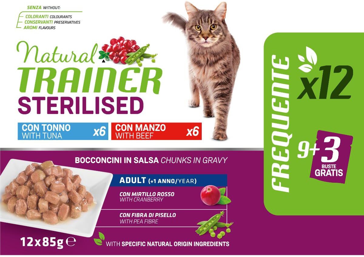 Natural Trainer Cat Sterilised Busta Multipack 12x85G MIX TONNO E MANZO
