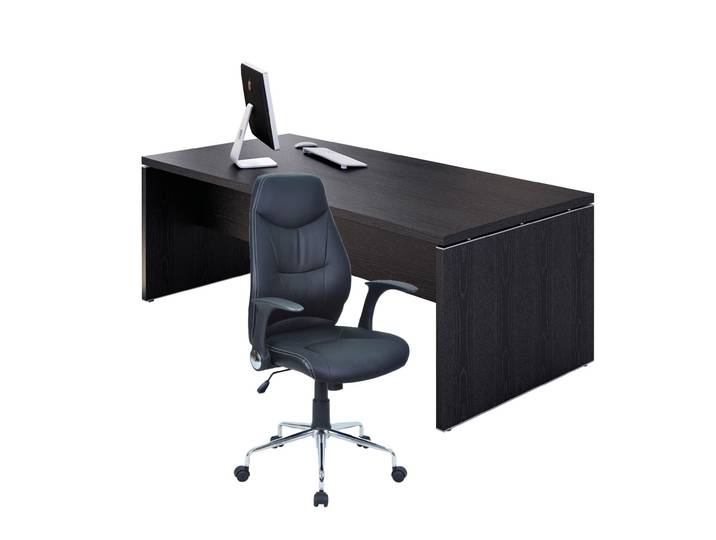 Pack Direction Bureau droit Flore L.210 x P.90 cm - Plateau Frêne noir - Pieds panneaux + Siège Performer simili cuir Noir