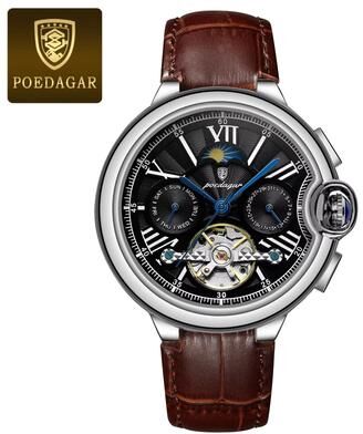 Inspired Finds POEDAGAR Hollow Tourbillon Automatic Mechanical Watch For Men Luxury Stainless Steel Waterproof Wristwatch silver Black L