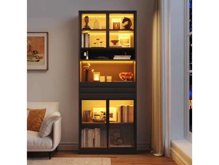 Luscriate - Vitrine en verre avec 1 tiroir rangement spacieux et LED RGB 80x35x200 cm noir