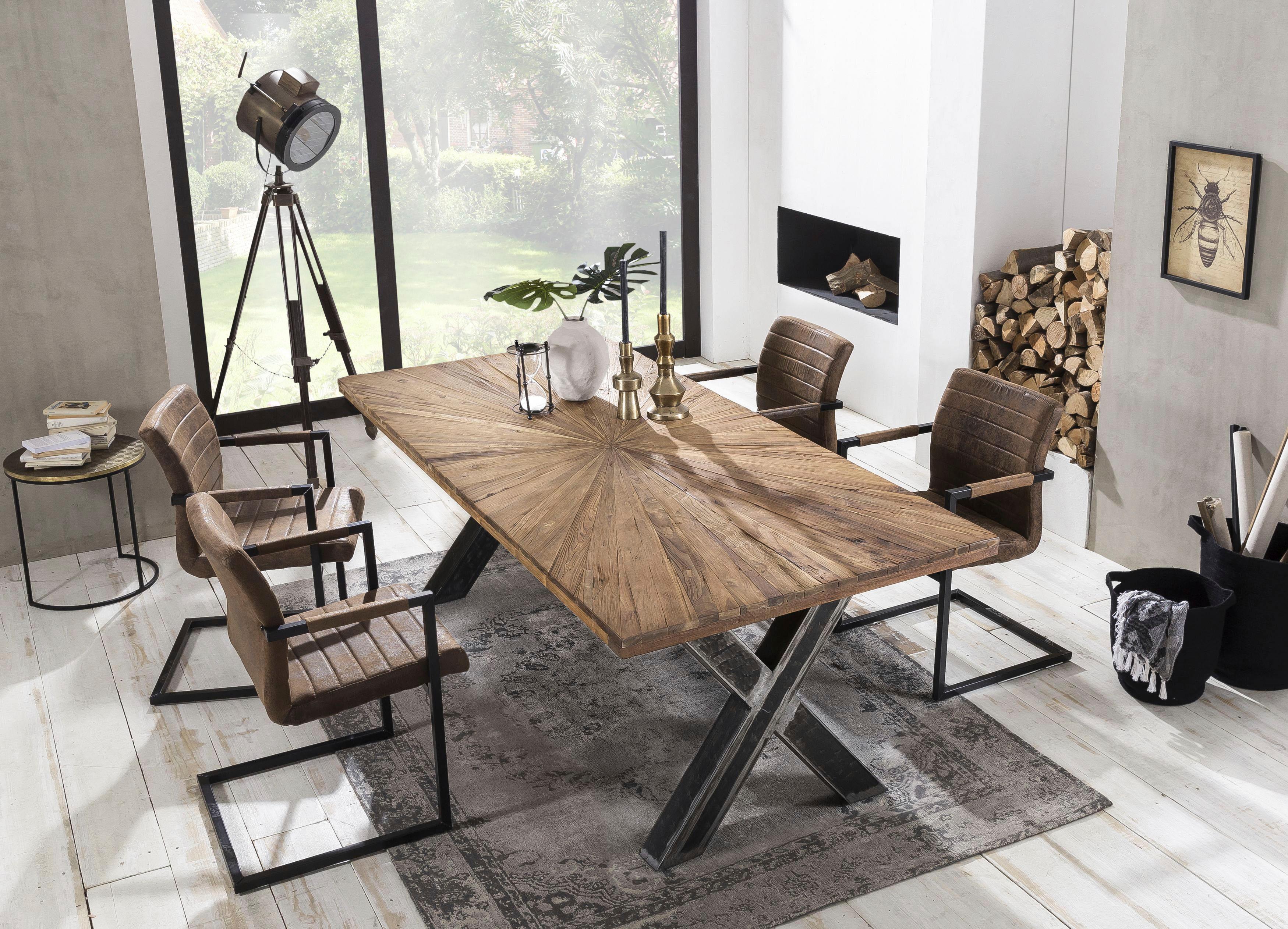 Esstisch SIT "Skopje Recyceltes Teakholz mit Sonnen-Design & X-Gestell aus Metall", beige (natur), B:180cm, Tische, Esstisch, Massives Teakholz trifft markantes X-Gestell natur B/H/T: 180cm