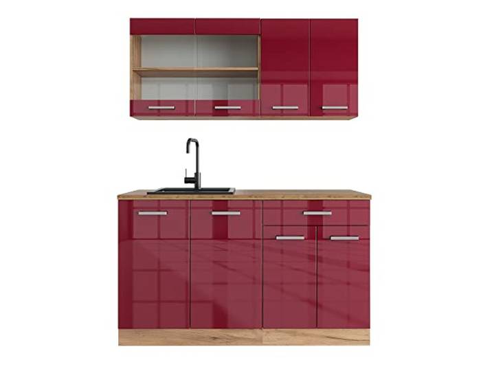 Vicco Singleküche R-Line, Rot Hochglanz/Goldkraft Eiche, 140 cm