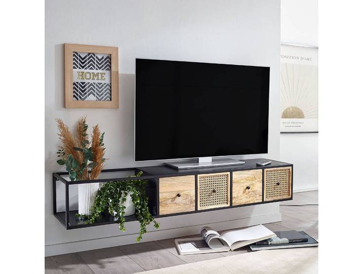 TV-Lowboard Arocena Rahmen und Abstellflächen: Eisen, pulverbeschichtet Schubladenfronten: Mangoholz Massiv, lackiert / Rattan Schubladen: MDF