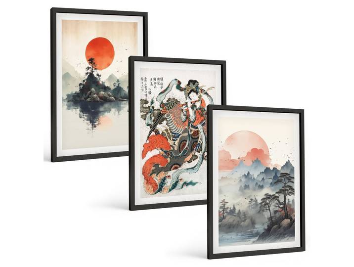 BILDER SET 3er Set - 40x60 cm Schwarzer Rahmen - Asiatische Japandi-Malereien