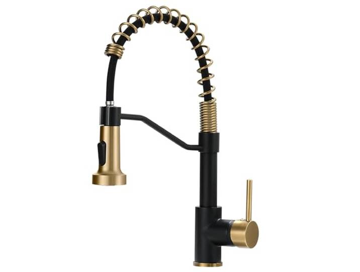 AIMADI Schwarzer Wasserhahn Küche, kommerzieller Schwarz Gold Küchenarmatur Mattschwarz Moderner Einhandgriff Küchenarmatur mit herausziehbarem Sprüher für Wohnmobil, Bauernhaus, Camper