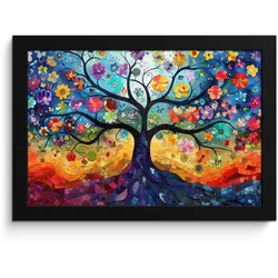 POSTER MIT RAHMEN Kunst - Baum des Lebens - Blumen - Hippie 30x20 cm