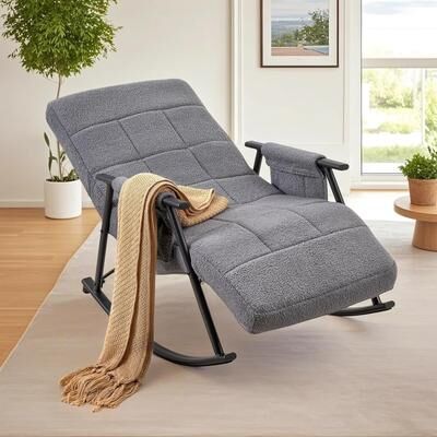 Teddy Fabric Adjustable Rocking Chair with Storage Pockets Multi-Position Recline Nursery Rocking Chair for Living Room Bedroom