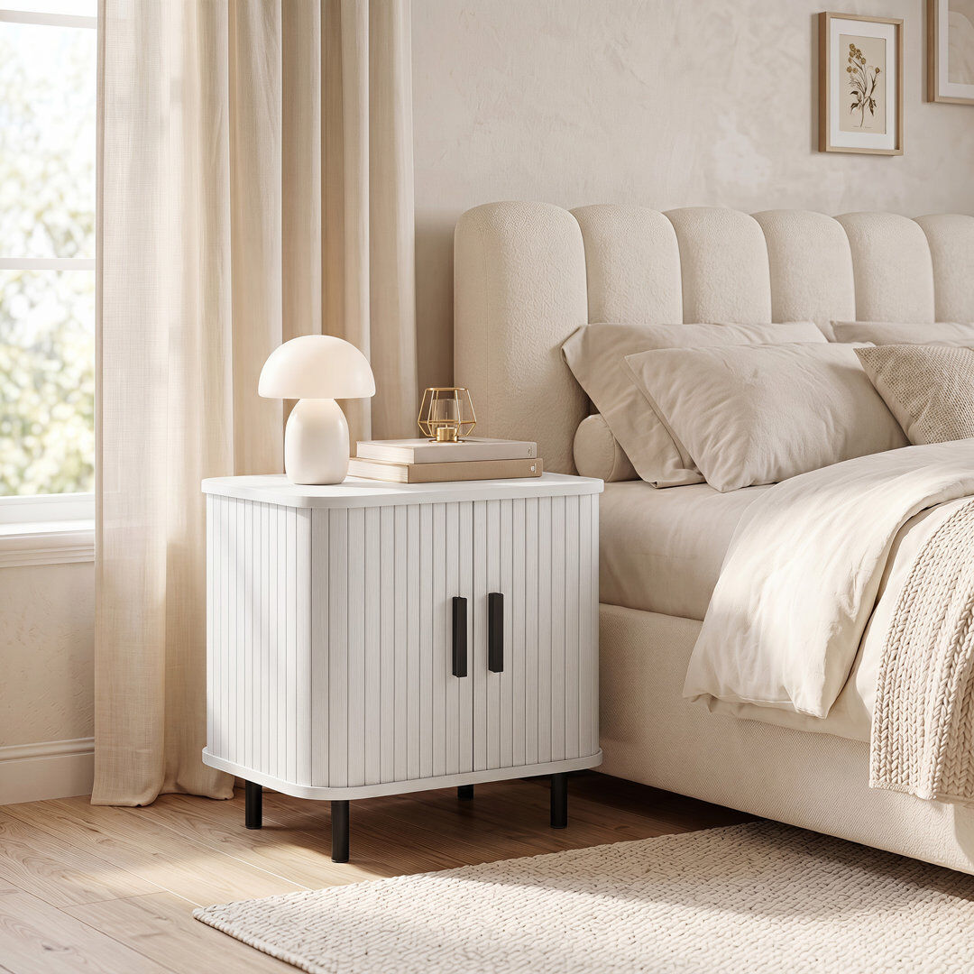 Norden Home HOMCOM Nightstand with Sliding Doors and Metal Legs White Wood Effect White 48cm H X 48cm W X 40cm D