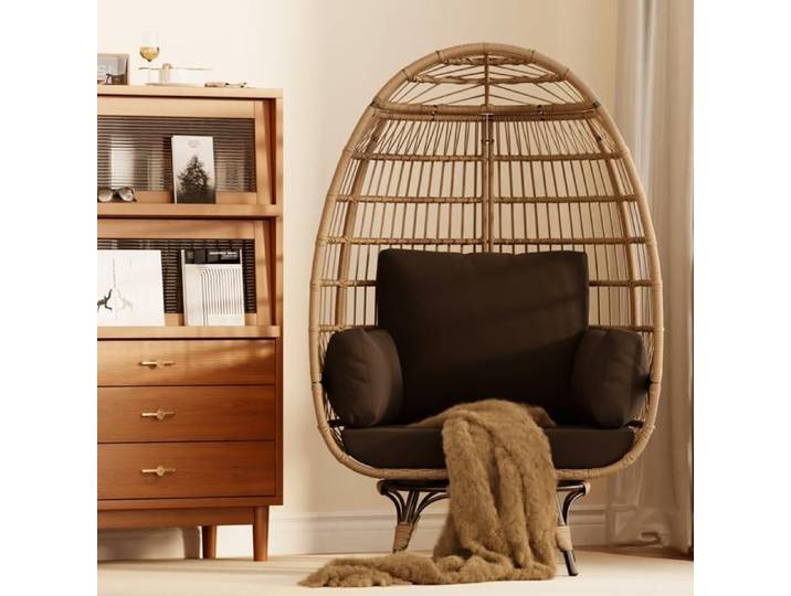 Fauteuil œuf pivotant noir 360° grand siège rotatif en rotin PE cadre acier imperméable intérieur extérieur salon jardin