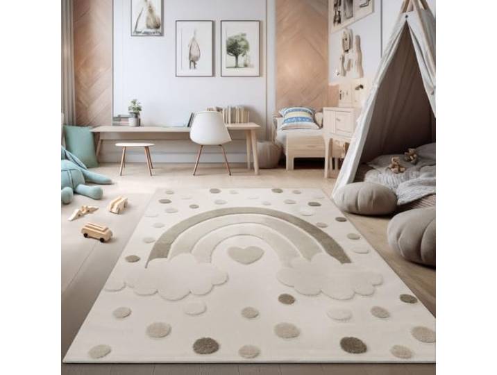 TT Home Kinderzimmer Teppich Spielteppich 3D-Effekt Regenbogen Motiv Loop Schlingenstruktur Weich Naturtöne Pflegeleicht, Größe:160x220 cm