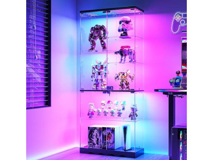 TAGELIER Glasvitrine mit LED-Beleuchtung, 7 Ebenen, für Sammlerstücke 170 cm hohe Sammlervitrine, RGB-LED mit Bewegungssensor, Türen aus Sicherheitsglas, abschließbar, einfache Montage