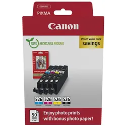 Canon Original CLI-526 Druckerpatronen Value Pack - 1 x schwarz / je 1 x CMY + 50 Blatt Fotopapier (4540B019)