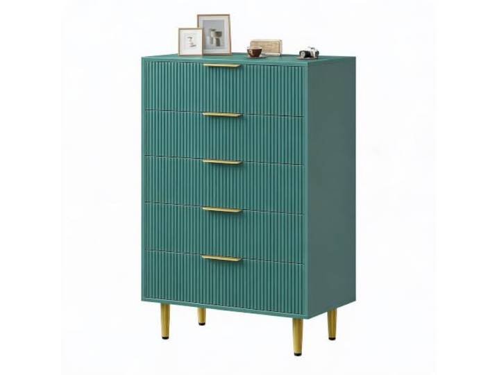 GarveeMore Kommode 5 Schubladen, Fluted Design, 75x46x121,5 cm, Grün 5 Schubladen Fluted Design Metallbeine Metallgriff Spanplatte/MDF