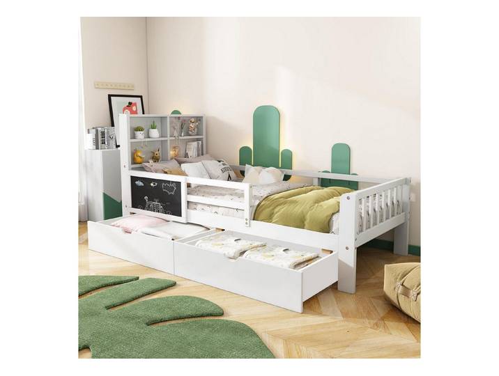 LuxusKollektion Kinderbett Kinderbett 90x200 Holz mit Schubladen & Regal Weiß