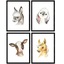 POSTER Set mit 4 Burro Horse Cow und Kaninchen A4 Rahmenlos
