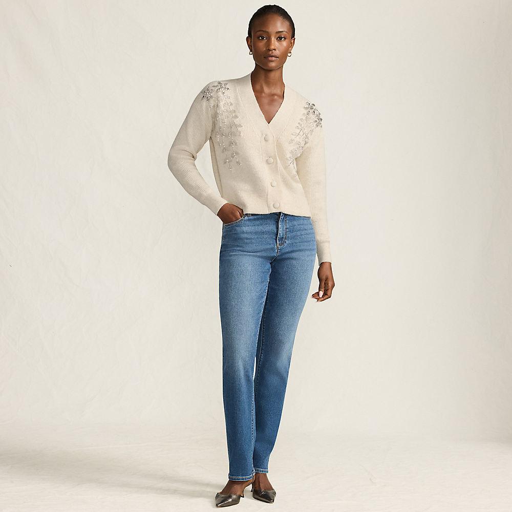 Bestickter Cardigan mit V-Ausschnitt für Damen, Damen, size: regular, Elfenbein, Polyester/Polyacryl/Polyester-Mischung, by Lands' End