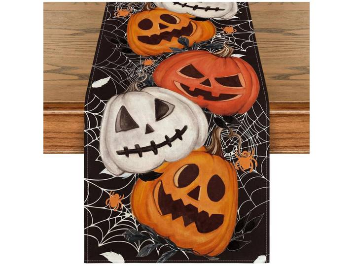 Tischläufer Halloween Kürbisse Spinnennetz 40 x 140 cm Schwarz, Mehrfarbig, 40x1.5x140 cm, Heimtextilien, Wohntextilien, Tischwäsche, Tischläufer