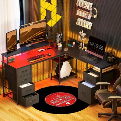 "HOMCOM 66"" Reversible L Shaped Desk with File Cabinet and Fabric Drawers, Corner Computer Desk with Power Outlets and LED Lights"