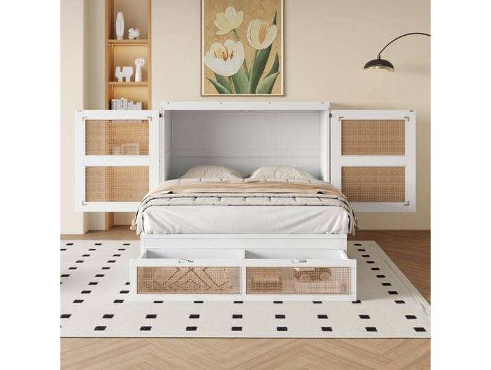 Lit Double Lit escamotable 140x200cm blanc - Sommier lattes rabattable mural - Rotin design avec tiroirs rangement -sans Matelas