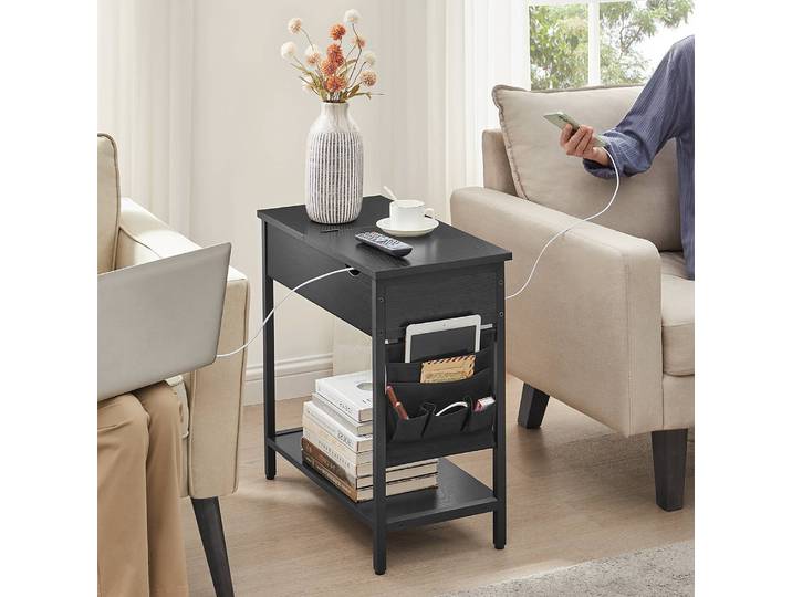 Table d’appoint Iskour avec prise A 60 x 60 x 32cm Noir/Imitation chêne marron-noir