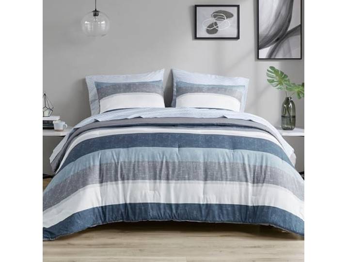 Madison Park Essentials Jaxon Bed in a Bag Comforter Set with Sheet, Printed Stripe Design, Modern All Season Bedding and Matching Sham, Queen Blue/Grey 7 Piece