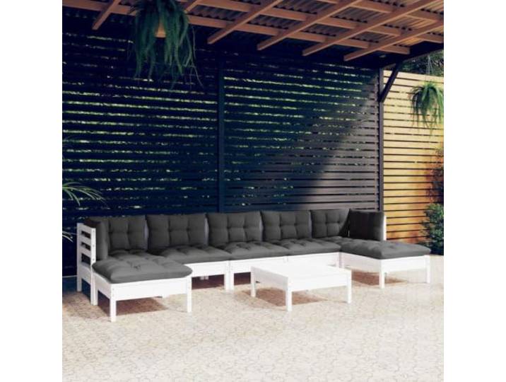 WDGJJFECNMUEHI Bois de pin massif modulable Avec coussins Blancs 8 pièces Salon de jardin 8 pieces en bois de pin avec coussins blancs, ensemble modulable de patio avec canapes et repose-pieds pour