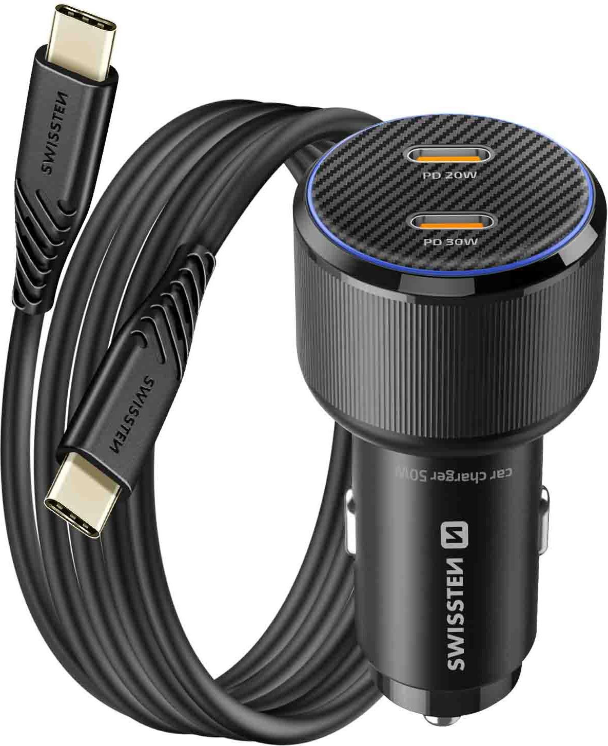 Swissten autolader met 2x USB-C PD poorten (20W + 30W) inclusief USB-C kabel, zwart