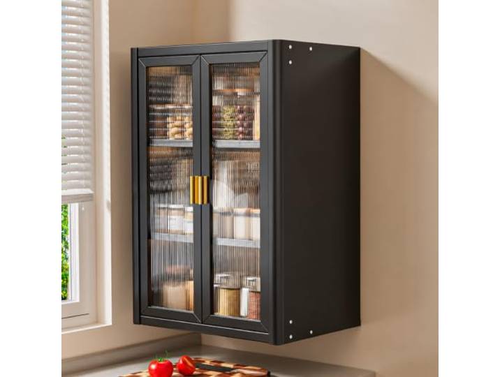 JS Space Küchen-Wandschrank, Küchenschrank mit Verstellbaren Einlegeböden Magnettüren und Stabile Befestigung für Gewürze, Gläser und Vorräte(black,60cm/23.6in)