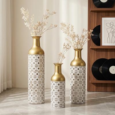 White Gold Handcrafted Cutout Hollow Metal Tall Decorative Floor Vase,Set of 3