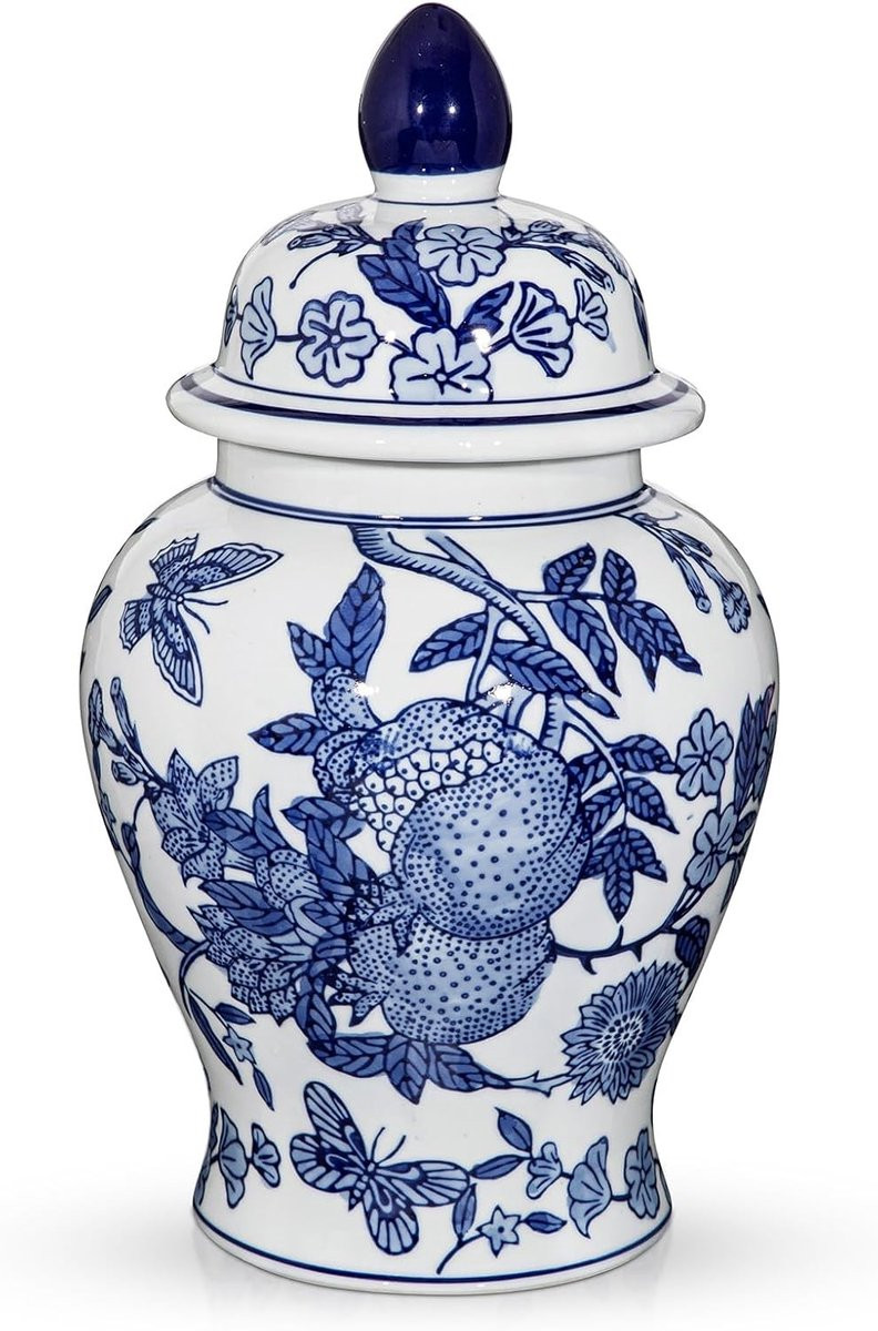 Handgeschilderde vintage keramische vaas met deksel in blauw-wit voor Chinoiserie decoratie