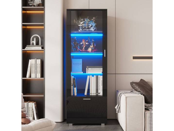 Vitrine en Noir Brillant 40x50x160 cm Vitrine en Verre avec LED Télécommande Vitrine avec Porte en Acrylique 3 Plateaux en Verre