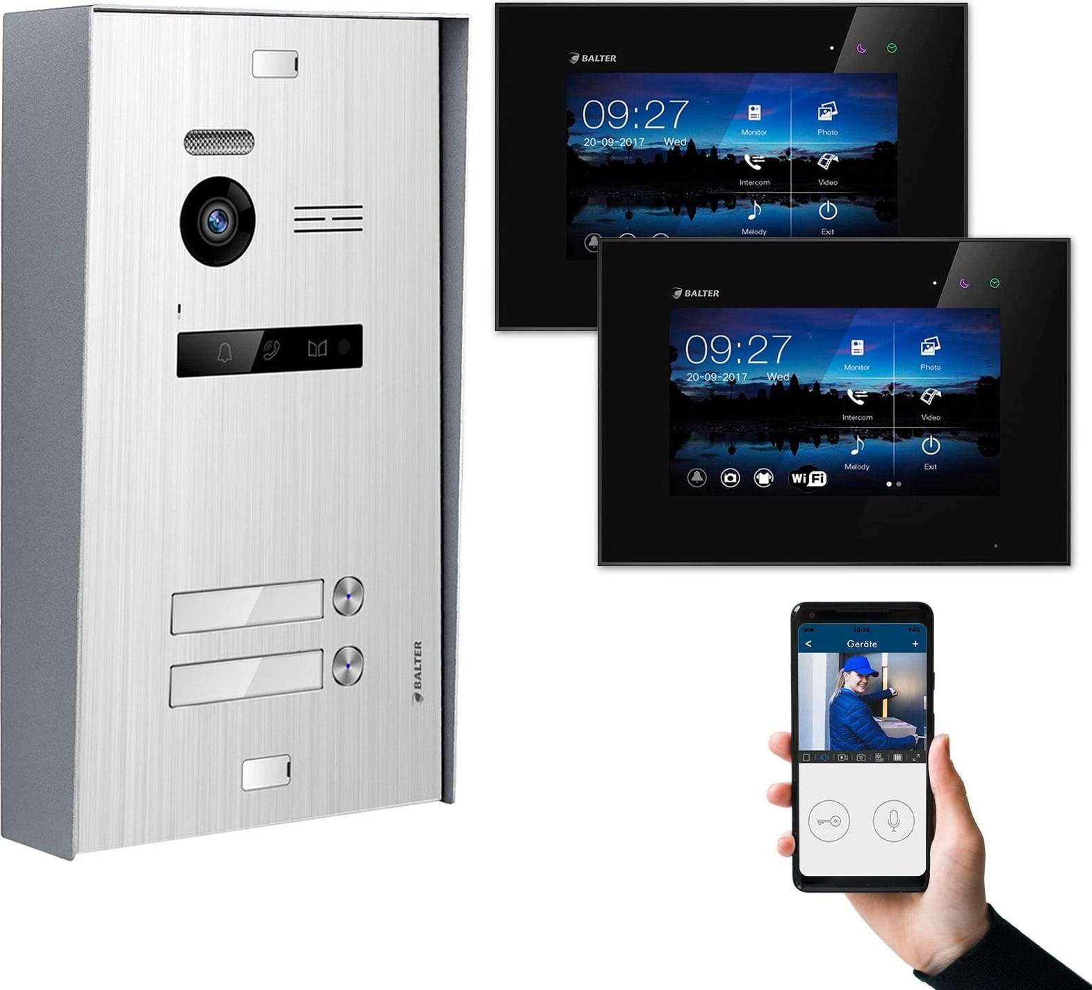 BALTER EVO Aufputz Silber 2-Draht 7" WiFi Monitor Schwarz Video Türsprechanlage Set 2 Familienhaus