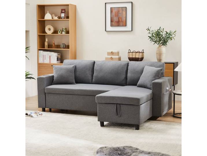 Canapé d'angle - Canapé d'angle réversible - Convertible (canapé‑lit) - Rangement intégré - Tissu coton gris