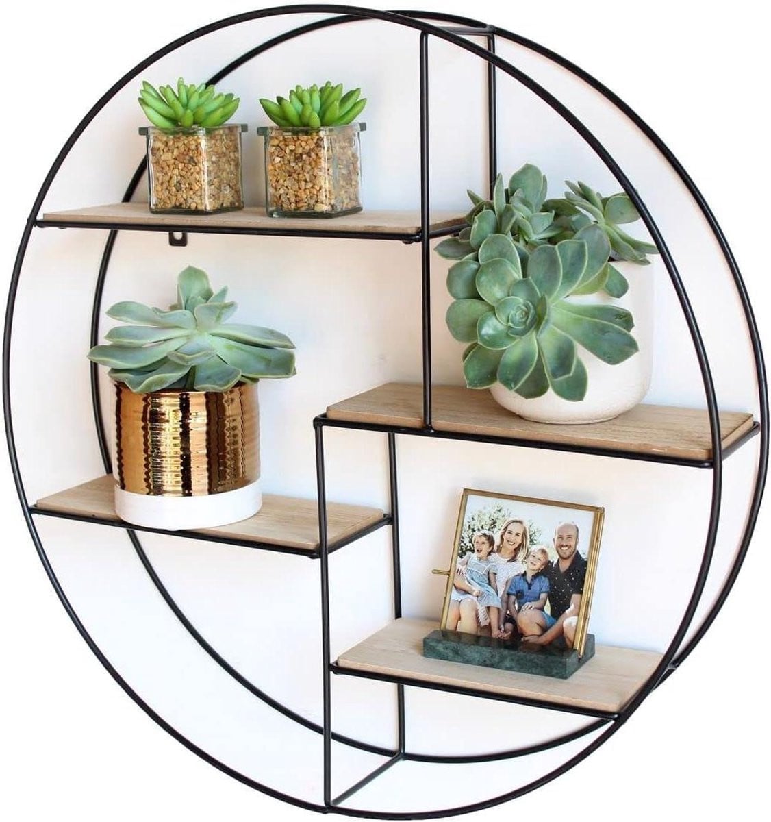 Wandrek Rond Wandrek met Planken in Industrieel Design - Zwart Hout - 55 x 55 cm