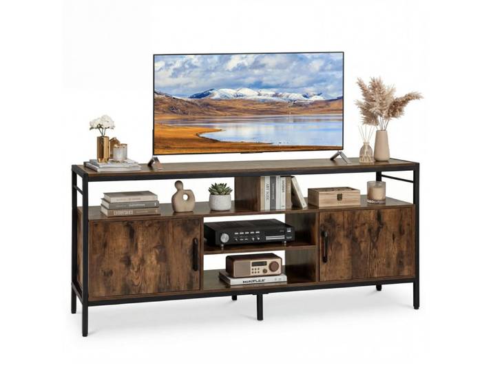 COSTWAY Meuble TV pour TV 65  avec 2 Armoires de Rangement et 4 Étagères Ouvertes Pieds Métalliques pour Salon Chambre Marron