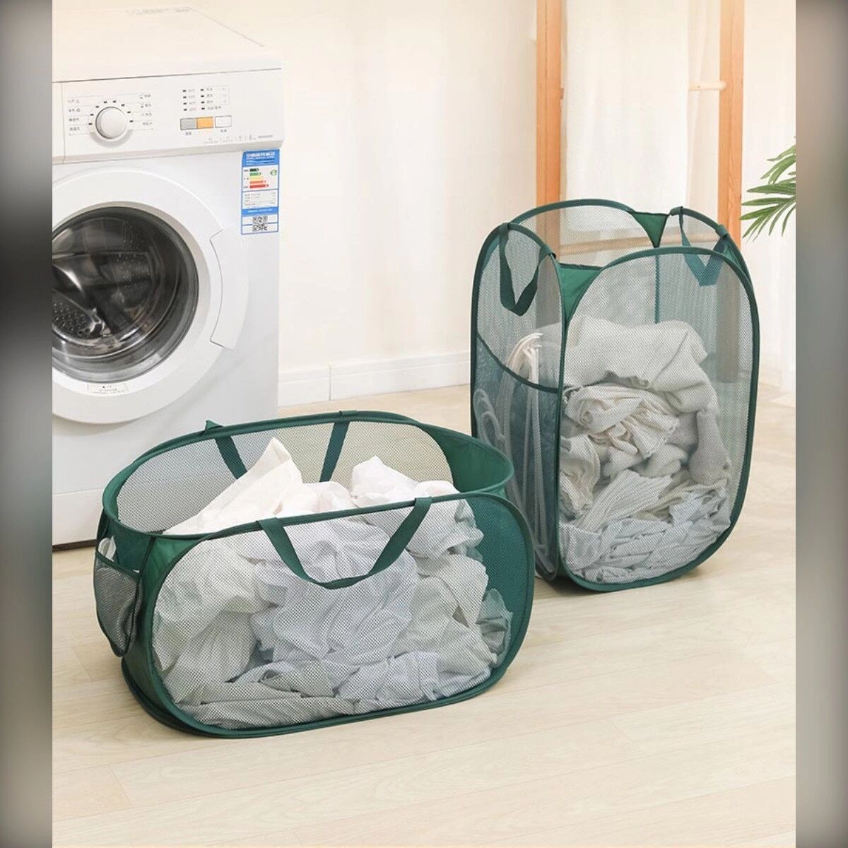 INF Mesh-Wäschekorb - Atmungsaktives Nylon, Faltbar mit Griffen, 34cm x 34cm x 58cm Schwarz
