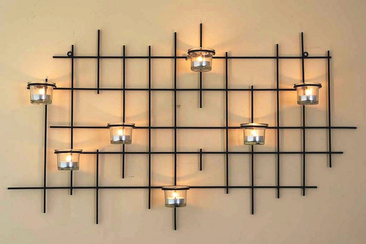 Metalen Wandtheelichthouder voor 7 Theelichten - 83 cm Wanddecoratie