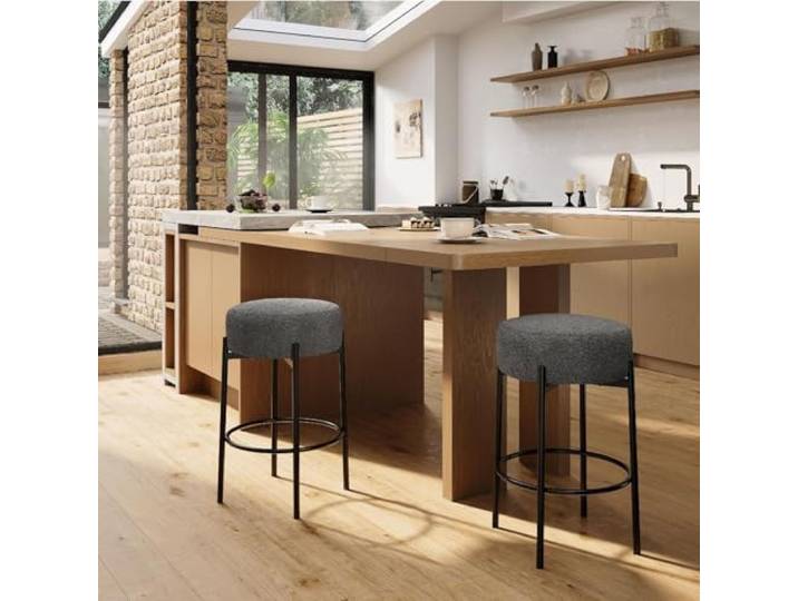IDEALHOUSE 4er-Set runde Barhocker ohne Rückenlehne – 61 cm hoch, mit Fußstütze & weich gepolstertem Sherpa-Sitz – dunkelgrau, stabiles Metallgestell für Kücheninsel, Home-Bar & Esszimmer
