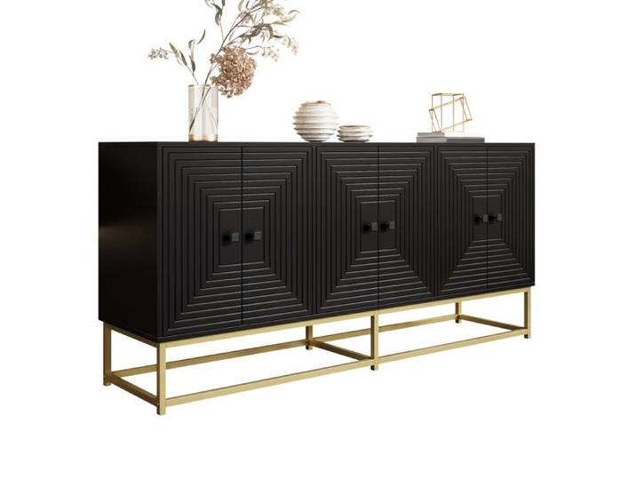 WOVREO Buffet bas 160 cm noir mat 6 portes à relief géométrique en panneaux de particules