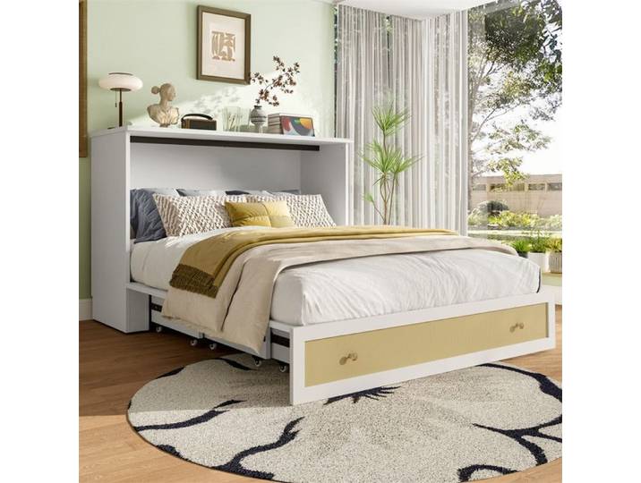 DRIPEX Lit escamotable mobile 140x200cm avec tiroirs design rotin et étagère lit plateforme convertible avec port USB Blanc