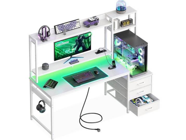 Bureau Gamer 137x48 cm avec Étagère et Tiroirs de Rangement LED Blanc Finition Carbone Setup PC et Console