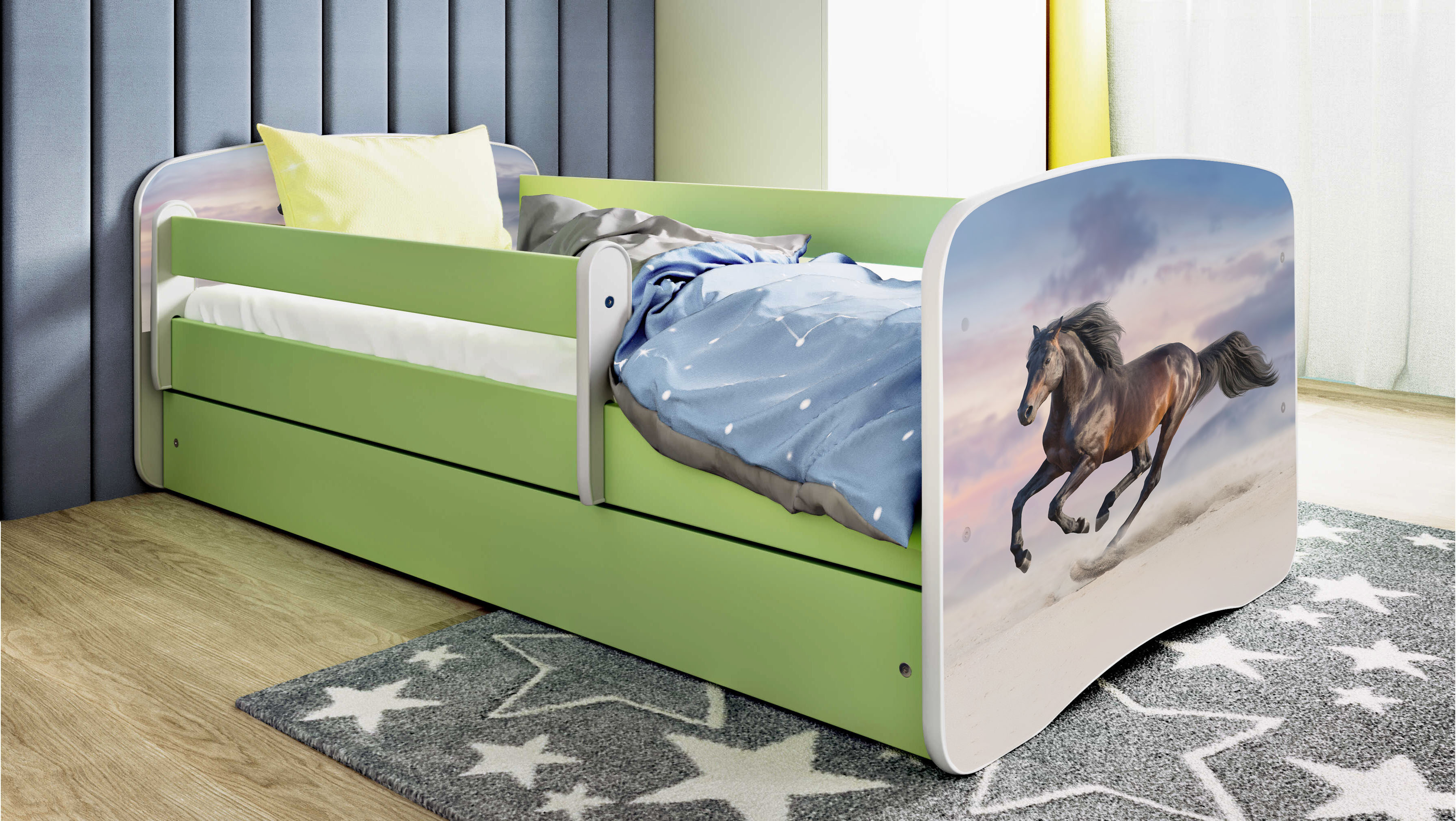 Kinderbett Jugendbett Pferd im Galopp 70x140, 80x160, 80x180 cm - Komplettset mit Schublade & Rausfallschutz